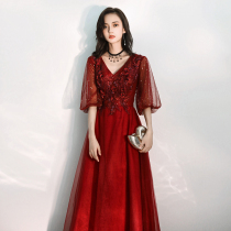 Pregnant woman toast dress female thin 2021 new bride wine red wedding summer chorus performance dress skirt