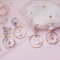 Japanese sweet cute dripping oil Moon rabbit 925 silver needle asymmetric earrings pink blue oil ear clip