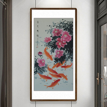 New Chinese Xuanguan Decorative Painting Corridor Aisle Vertical Version Hung Painting Living Room Country Painting Peony Fish Background Wall Poly-Caixin