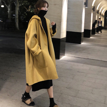 2020 autumn and winter new Korean version of the long loose temperament hooded yellow woolen coat wild woolen coat female
