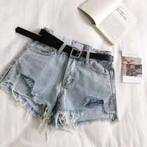 不规则毛边流苏牛仔短裤女春夏季韩版时尚后口袋撞色边高腰热裤子