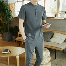 Summer short sleeve T-shirt suit men Korean slim fit leisure Chinese style two-piece temperament mens ankle-length pants set