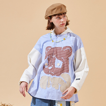 SENCE LA bear print blue striped shirt male detachable hooded loose tidal brand stitching long sleeve jacket