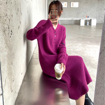 2020 Autumn Winter Dress New Purple Knit Dress Dress Woman LAZY WIND INSIDE A LAP WITH A KNEE V COLLAR SWEATER SKIRT