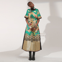  Cloud decoration totem original design womens dress new national style handmade plate gold embroidered short-sleeved temperament robe