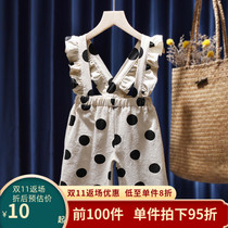 Girls polka dot overalls ruffled childrens foreign-style pants autumn 2022 new style can be worn twice baby nine-point pants