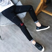 Tide brand spring and summer black nine-point jeans mens Korean version of the self-cultivation hole 9-point pencil pants elastic long pants