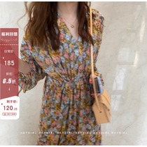 HEYGIRL black brother v collar floral dress female retro temperament waist long skirt 2020 Spring New