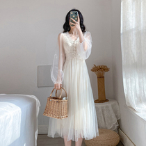 First love tie dress sweaty dress sweet and French style dress with waist fairy dress Skirt Follicle Dress Superfairy two-piece set