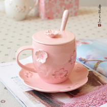 Japanese cherry blossom mug with lid Spoon gift Cup creative personality trend ceramic office coffee cup female