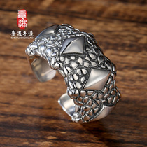 Luxurious 925 pure silver mens index finger ring male living mouth wave male single dragon ring tide silver opening adjustable tide