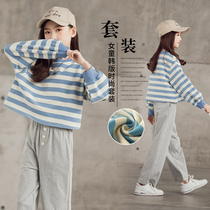 2022 Spring Striped Girls Set Loose Casual Kids Student Clothes Cotton Slacks Kids Two-Piece Set