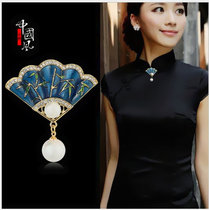 High-end accessories brooch female design sense ancient style high-end exquisite Chinese style rhinestone Pearl fan elegant small collar pin