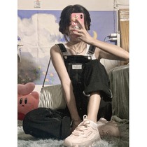 Milk denim overalls womens small autumn and winter black age reduction Japanese cute design high waist straight pants