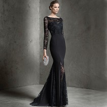 2016 spring new one shoulder black lace long sleeve fishtail slim body host banquet evening dress long female