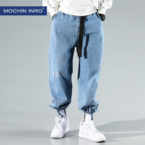 Autumn Tide brand jeans mens drawstring loose straight wide leg pants trend personality paratroopers tied rope toe casual pants