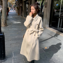 Sandro Tonali Hepburn wind coat womens long Korean version loose waist over the knee thickened wool coat
