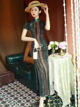 The old Shanghai striped qipao 2021 new temperament name Yuan retro Chinese wind conspicuos slim and long style dress womens summer