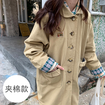 Cotton-padded womens long Korean version of loose student embroidery Plaid thickened windbreaker Joker Harajuku bf doll collar cotton suit