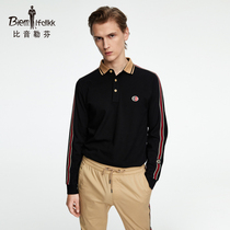 Bien Leuven Spring Summer Mens Combed Cotton Breathable Casual Lapel T-Shirt Contrast Webbing Long Sleeve Polo Shirt