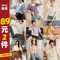 89 yuan 2 pieces] summer short-sleeved shirt womens thin chiffon shirt doll collar puff sleeves French square collar top