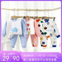 Autumn and winter baby thermal underwear set childrens autumn clothes and johns childrens three-layer thickened thermal clothing pure cotton winter clothing