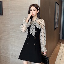 2020 autumn and winter new mesh lantern sleeve two-piece suspender temperament small black skirt suit