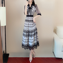 Hepburn style women's chiffon printed floral dress long 2021 waist slim French niche skirt