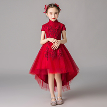  Little flower girl Chinese dress Wedding little girl childrens high-end red birthday princess dress girl puffy yarn Western style