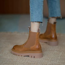 Conspicuthin Martin boots woman 2021 new brown middle cylinder boot genuine leather thick bottom chimney boot Chelsea boot short boot tide