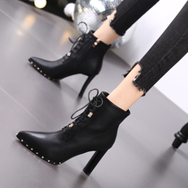 A D Hepburn pointed toe high heels thick heel ankle boots 2022 new rivet lacing British style Martin boot pad
