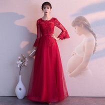  Toast dress bride wine red pregnant women 2021 new summer wedding dress covering arms long sleeves covering belly high waist