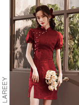 LAREEY2022 Years Summer Art Bubble Cuff Wine Red Short Qipao Woman Daily Low Open Slit with dress