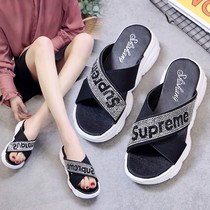 2021 new slippers women wear summer increased net red super fire rhinestones out on the beach thick bottom flat sandals