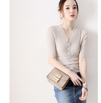 Knitwear thin women loose 2020 new V-neck mid-sleeve Merino wool contrast color thin draw bar top women