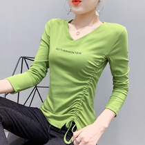 Korea Tide brand 2021 early autumn new avocado green T-shirt women long sleeve V neck drawstring top waist base shirt