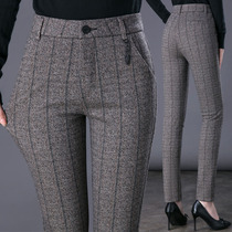 Woolen Plaid Pants Woman Spring Fall Middle Aged Girl Pants High Waist Straight Drum Casual Pants Elastic Mom Pants Loose long pants