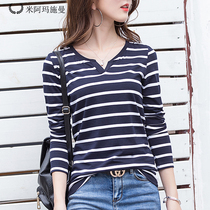 Mi Amaschman flagship store official website 2021 autumn stripe T-shirt women long sleeve Korean version of thin size base shirt