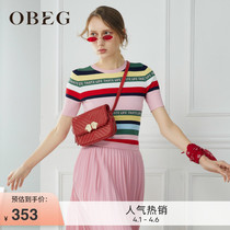 OBEG Au Bieqian Spring Summer New Color Stripes Knitted Sweatshirt Woman Temperament Short Sleeve Hooded Sweatshirt 1092056