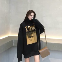 Black high-collar sweater womens autumn and winter 2020 plus velvet thickened European and American ins Super fire lazy wind Joker top