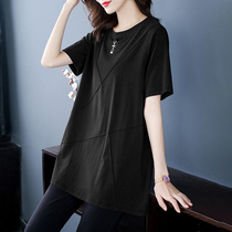 High-end girl mm cotton 0 sleeve T-shirt loose Korean x version Big 2 womens 2 short size 1 summer dress new thin belly cover luxury