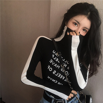 Base shirt womens spring and Autumn 2019 new fashion letter printing high collar contrast color slim thin long sleeve T-shirt top