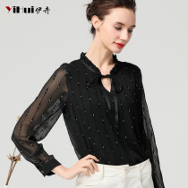 2020 summer fit new snow-spinning shirt woman long sleeve blouse with half open collar lacing shirt sleeve head lining to be slim fit