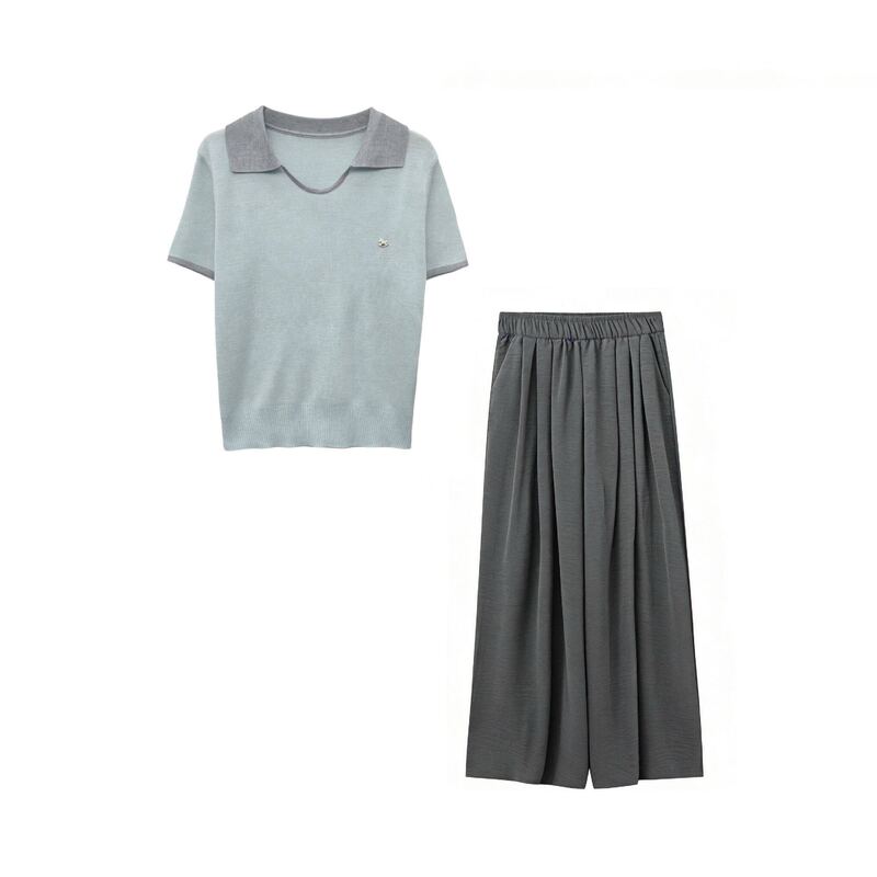 [Exclusive for Xiao Si] High-End Color-Blocked Short-Sleeve Knit Shirt and Pants Set 2002
