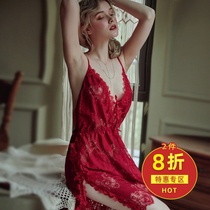  Sexy pajamas this evening womens lace suspender nightgown hollow side split temptation underwear red spring and summer