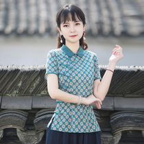 Junya Tang Costume Women China Wind 2022 Summer Short Sleeve Qipao Blouse Blouse Cotton Linen Thin style Chinese pan button womens clothing