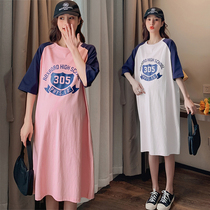 Netizen pregnant women in summer clothes dress tide 2022 summer fashion pure cotton patching knee-tip hot mom t-shirt long skirt