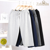 Spring and summer mens cotton big pocket Capri pants loose pajama pants mens middle pants air conditioning pants can be worn outside home pants