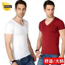Mens short sleeve T-shirt mens modal plus fat plus size V collar half sleeve fat guy summer shirt loose