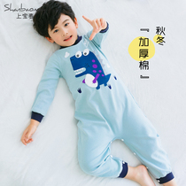 Upper Baomai autumn and winter childrens conjoined pajamas warm boy baby pajamas conjoined anti-kicking belly cotton thickened